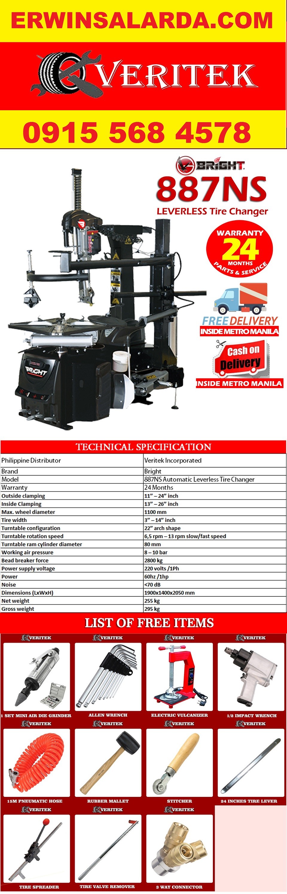 BRIGHT 887NS LEVERLESS AUTOMATIC TIRE CHANGER