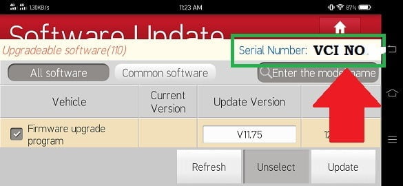 After you click update. in the serial number. Click the serial number that match to your HD module VCI