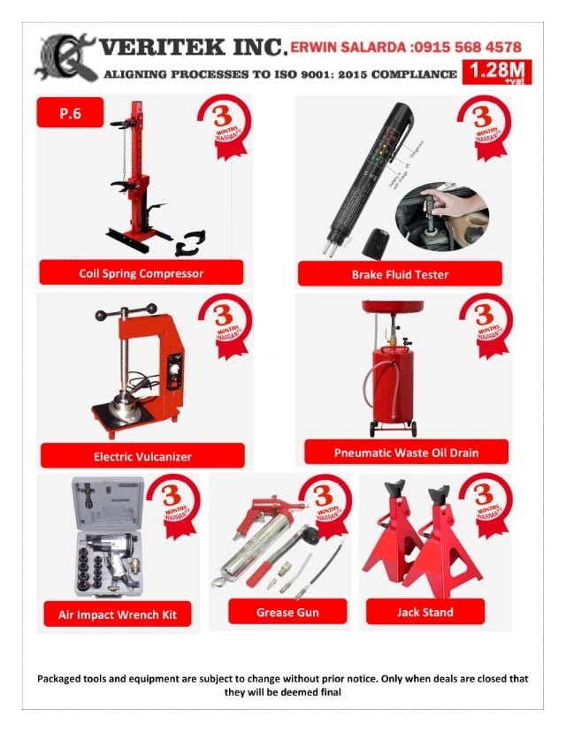 1 Set of 3D Wheel Aligner,1 Unit of 4 Post Car Lifter with rolling Jack,1 Unit of 2 Post Car Llifter,1 Unit of NITROGEN GENERATOR,1 Unit of TIRE CHANGER,1 Unit of WHEEL BALANCER,1 Set of LAUNCH X431 PRO3 (Cars Only),1 unit ATF MACHINE EXHANGER,1 Unit 5 Horse Power AIR COMPRESSOR,1 Unit Hand Operated GREASE PUMP,1 Unit 20 Tons HYDRAULIC PRESS,1 Set TOOL CADDY with HANDTOOLS,1 Unit BATTERY/CHARGER/BOSSTER/JUMPSTART,1 Unit 3 Layer Dolly,1 Unit BEAD SEATER,1 Unit Transmission Jack (single action),1 Unit CROCODILE JACK 3 TONS,1 Unit HOSE REEL ,1 Unit Coil Spring Compressor,1 Unit brake fluid Tester,1 Unit Electric Vulcanizer,1 Unit Waste Oil Drain,1 Unit 1/2 Drive Impact Wrench,1 Unite Grease Gun,1 Unit Jack stand,1 Unit Radiator Coolant Pressure Tester,1 Unit Filter Cap Wrench,1 unit Battery tester,1 Unit Mechanic chair,1 Unit Mechanic Creeper,1 Unit Cross Wrench,1 Set Brake Caliper,1 Set Fuel Line Disconnection tool,1 Unit F75 Spray Gun,1 Unit Timing Light,1 Set Panel Dismantling tool,1 Set Battery Jumper Cable,1 Set Brake Bleeder,1 Set Mini Airdie Grinder Kit,1 Unit Battery Tester,1 Set Car Plug Extractor Tool Kit,1 Unit Pneumatic Tools,1 Unit Blow Gun,1 Unit Spark Plug Tester,1 Unit Convic Mirror,1 Unit Rubber Mallet,1 Unit 24" Tire Lever,1 Unit Tire Spreader,1 Set Allen Wrench,1 Unit Stitcher,1 Set Patches and Wheel Weights( For Demo use only),1 Set Tire valve remover and ,1 Rubber Valve(for Demo Only),1 Unit Wheel Wight Plier,1 Unit Wheel Weight Remover,3 Unit 3 Way Connector