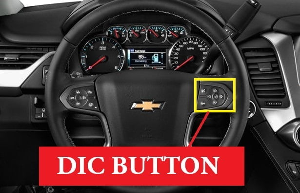 On this year model of Chevrolet Suburban we need to use the DIC BUTTON located at the right side of the steering wheel.