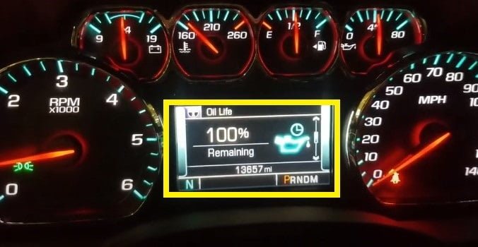 CHEVROLET SUBURBAN While the remaining OIL LIFE is displayed. PRESS the RIGHT ARROW BUTTON.  The RESET will appear,  Select RESET then Press the CHECK MARK BUTTON. The OIL LIFE will reset to 100%. 