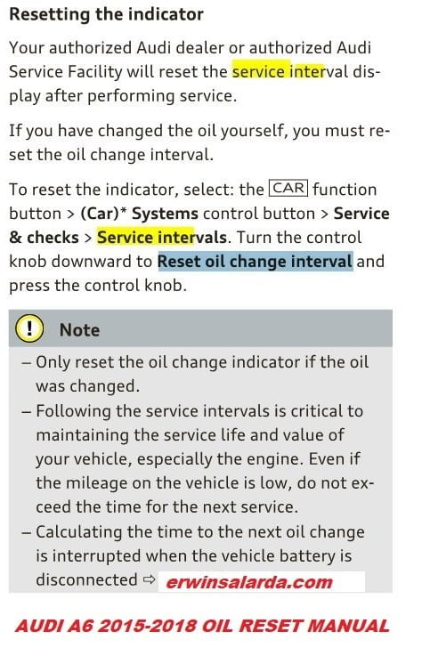Audi 2015-2018 oil reset from owners manual