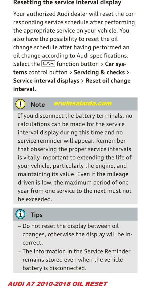 Audi A7 2010-2018 Oil Reset from Owners Manual