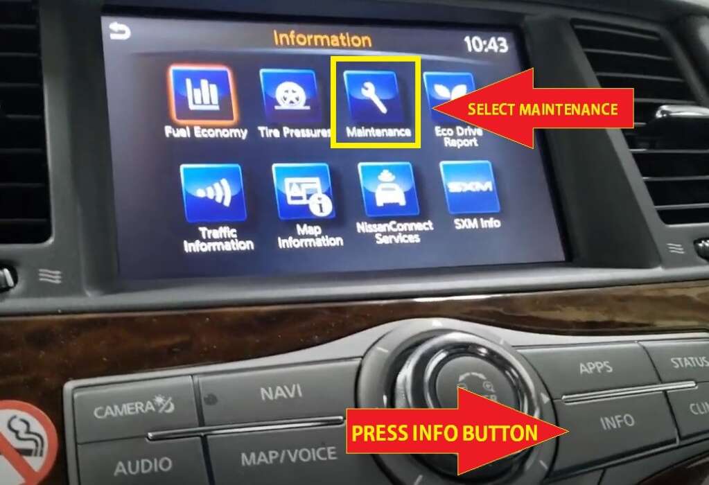 2015-2020 Nissan Armada Oil Reset- Press the INFO Button then Select maintenance