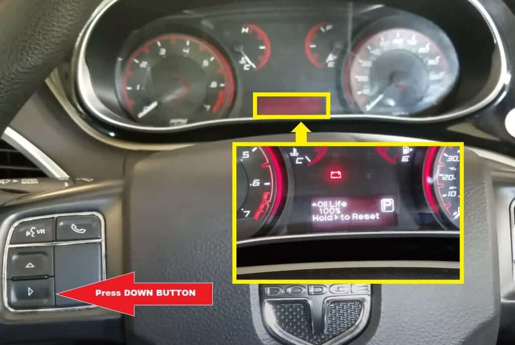 Dodge Dart Oil change reset - Press and hold down button to reset the oil life to 100%
